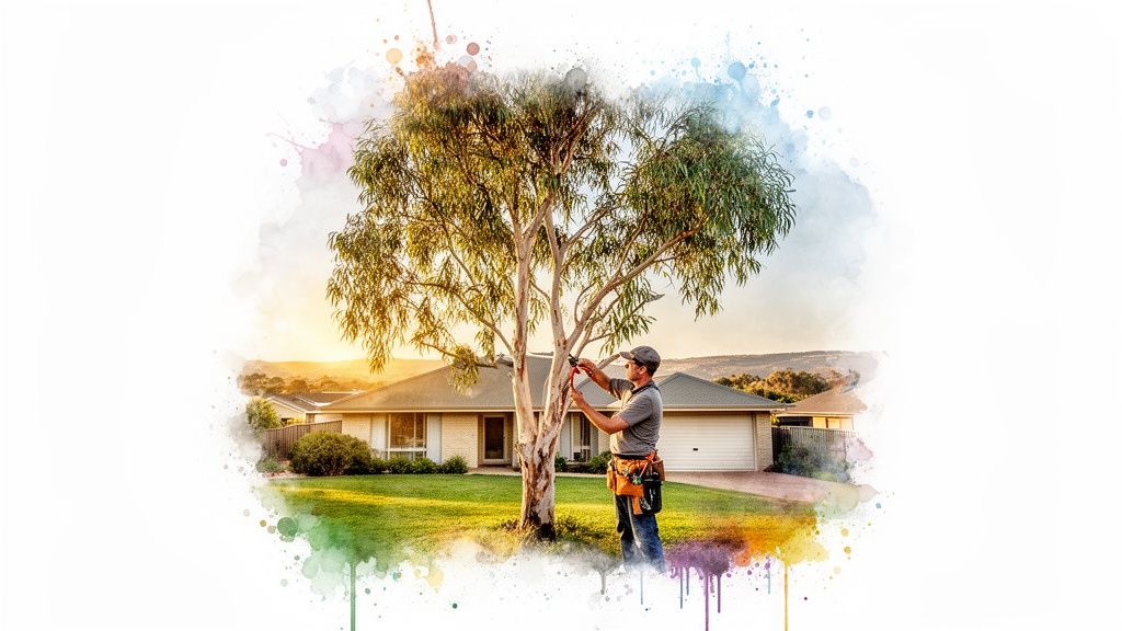 A man prunes a large tree in front of a house at sunset, artistic watercolor effect.