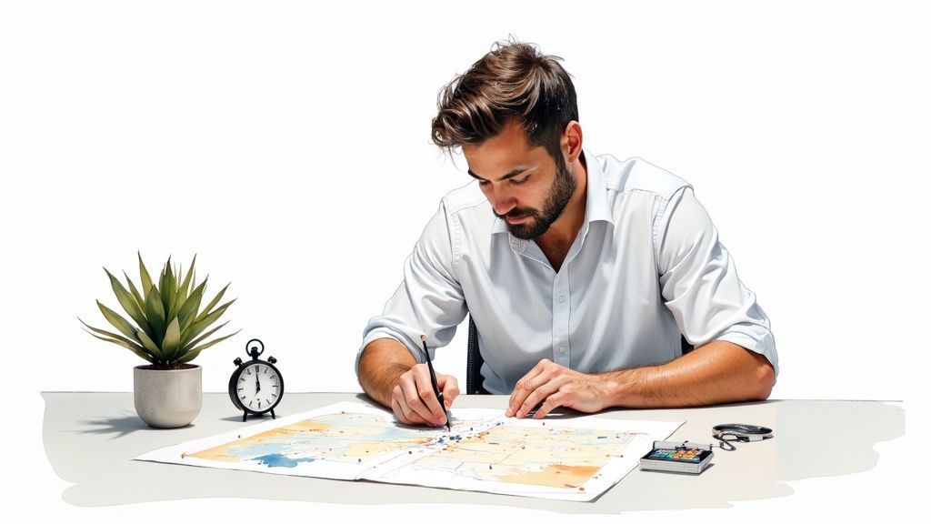 A focused man with a beard drawing on a map at a clean desk with a plant and clock.