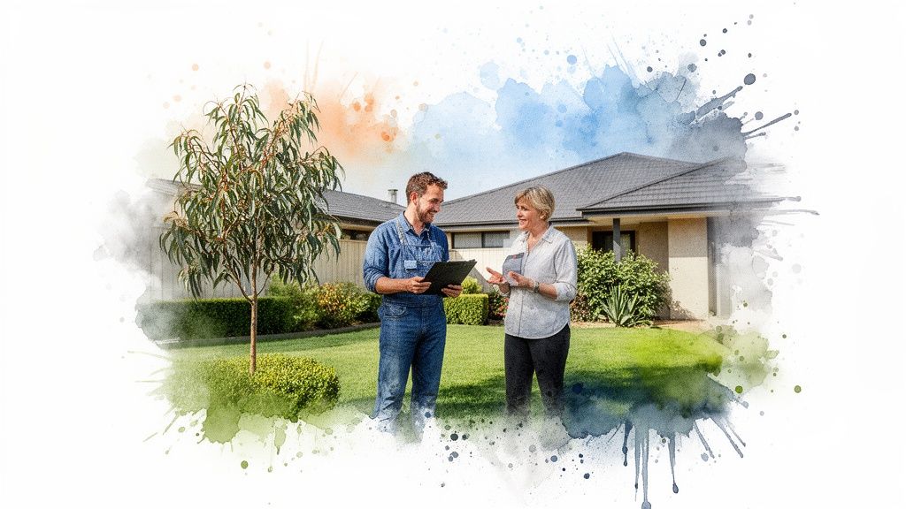 A male professional in overalls talks to a woman about a service in a home garden.