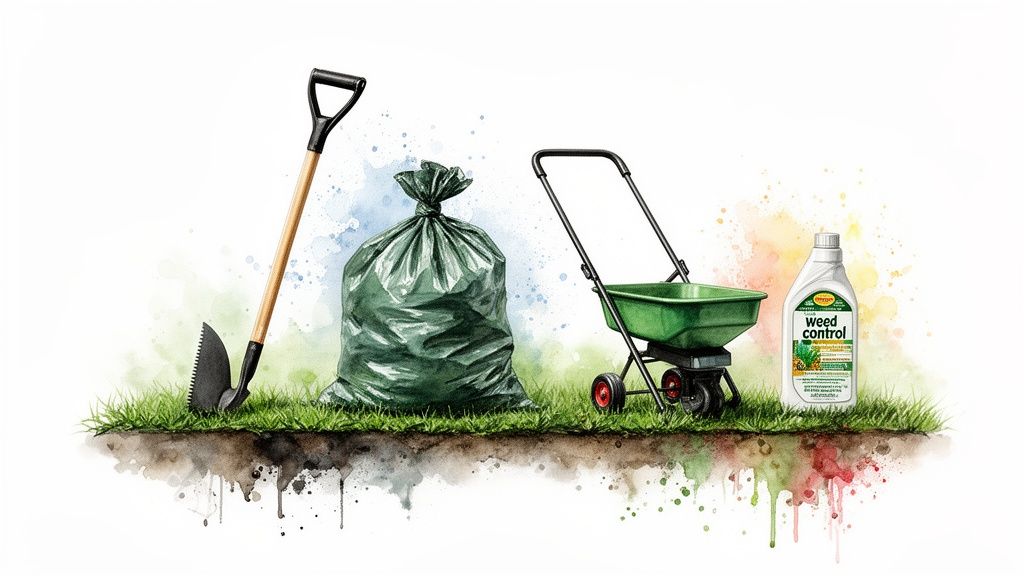 Essential lawn care tools like a shovel, trash bag, spreader, and weed control bottle on grass.