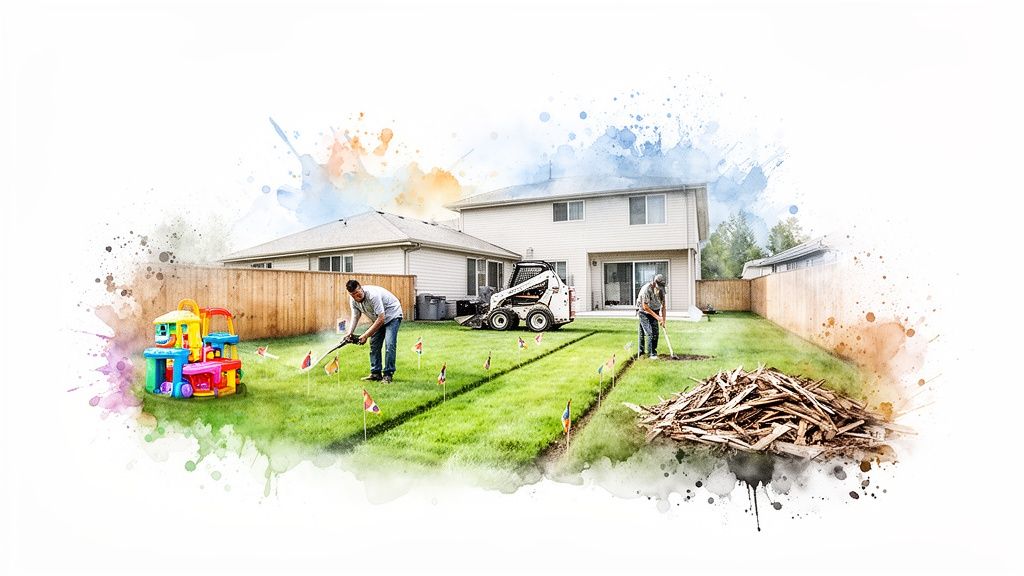 Two men use equipment and shovels to prepare a backyard garden, with a bobcat, play structure, and wood pile.
