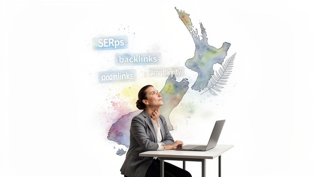 Woman using a laptop, looking at a watercolor map of New Zealand with SEO terms like SERPs and backlinks.