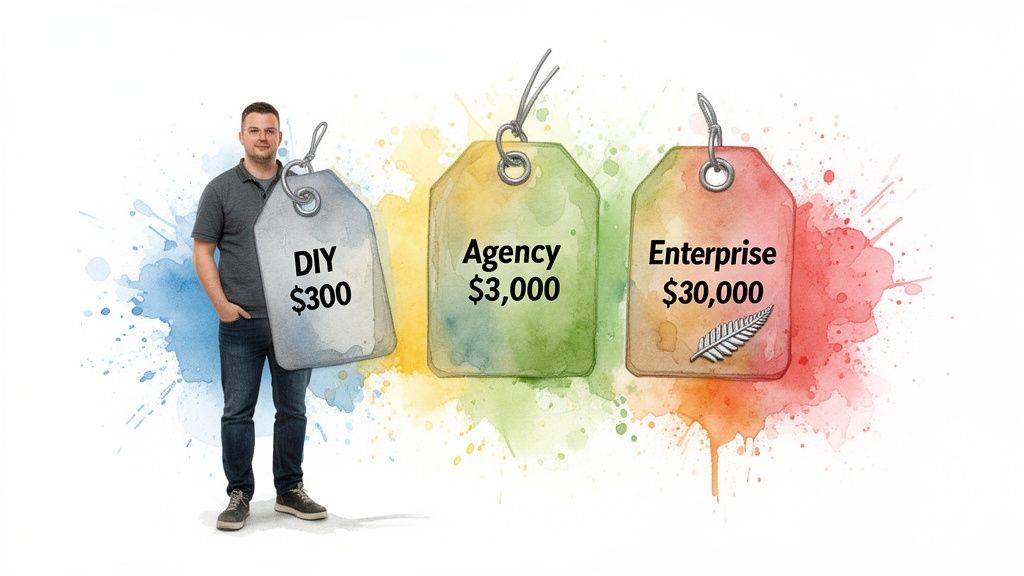 A man stands by price tags showing DIY $300, Agency $3,000, and Enterprise $30,000 web design costs.