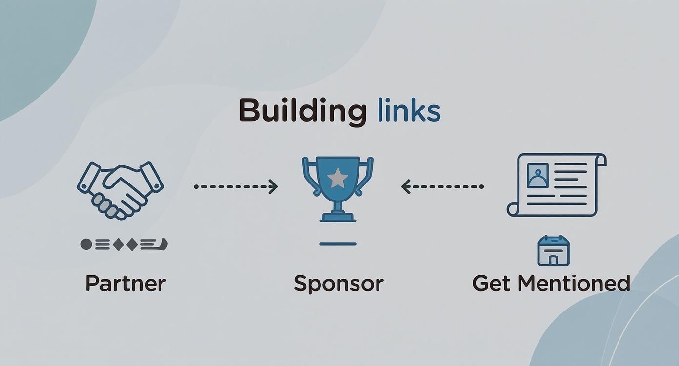 Infographic flowchart on building links with steps for partnering, sponsoring, and getting mentioned.