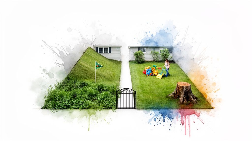 A split image showing contrasting yards: one overgrown with a flag, the other neatly mowed by a woman.