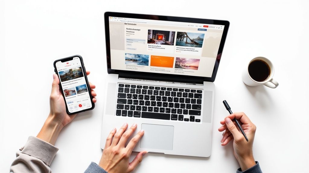 Overhead view of a person simultaneously using a laptop and smartphone on a white desk, with a coffee mug and pen nearby.