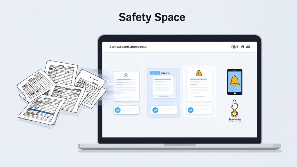 Laptop screen shows a 'Safety Space' app managing documents, alerts, and mobile notifications from physical papers.