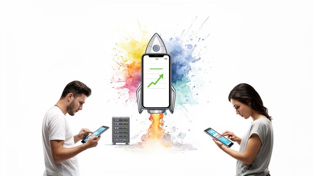 Two people use tablets while a rocket-shaped smartphone with a growth chart takes off, symbolizing app development success.