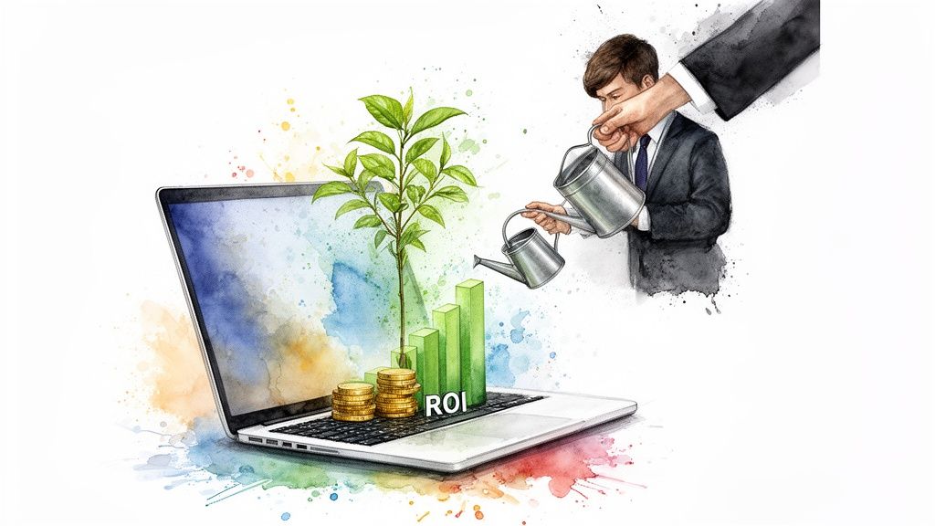 Hands watering a plant and ROI graphs on a laptop, symbolizing digital investment and growth.