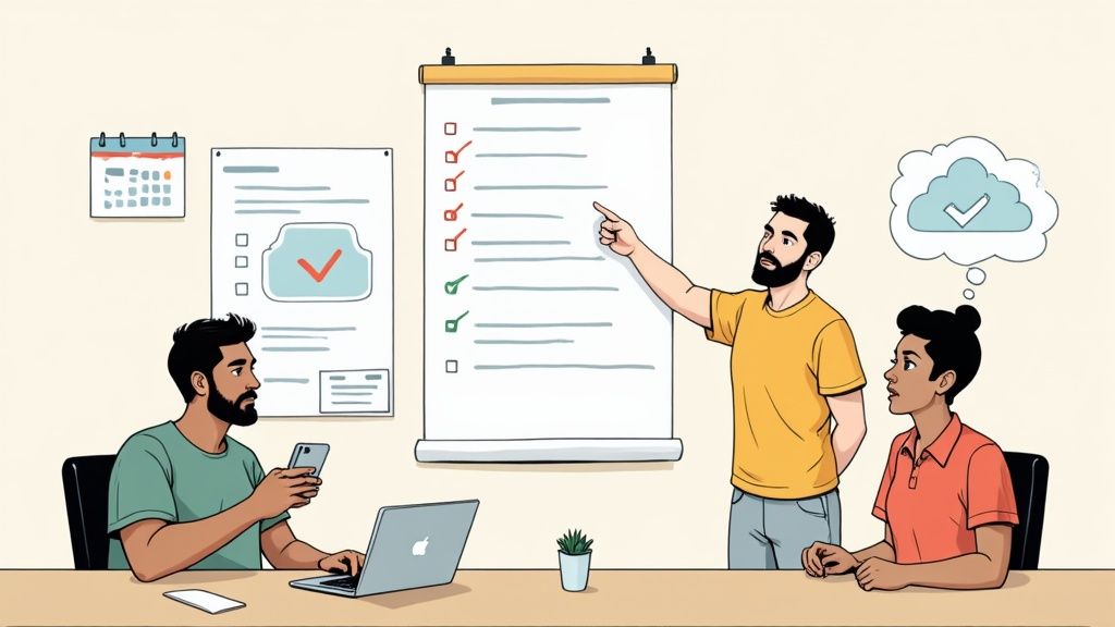 Three people in a team meeting review a checklist on a whiteboard, discussing tasks and cloud concepts.