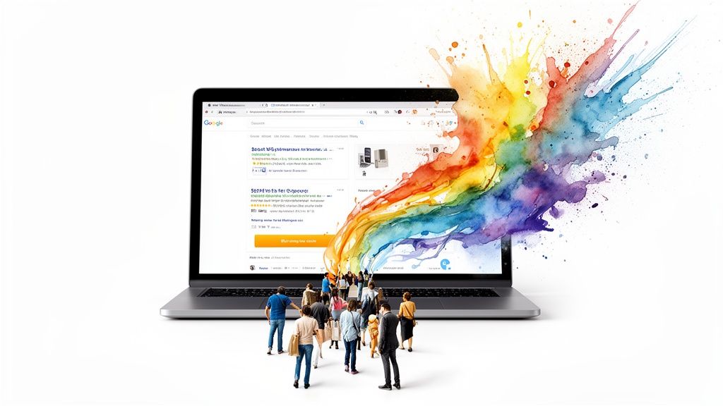 Diverse people engage with an e-commerce website on a laptop, surrounded by a vibrant color splash.