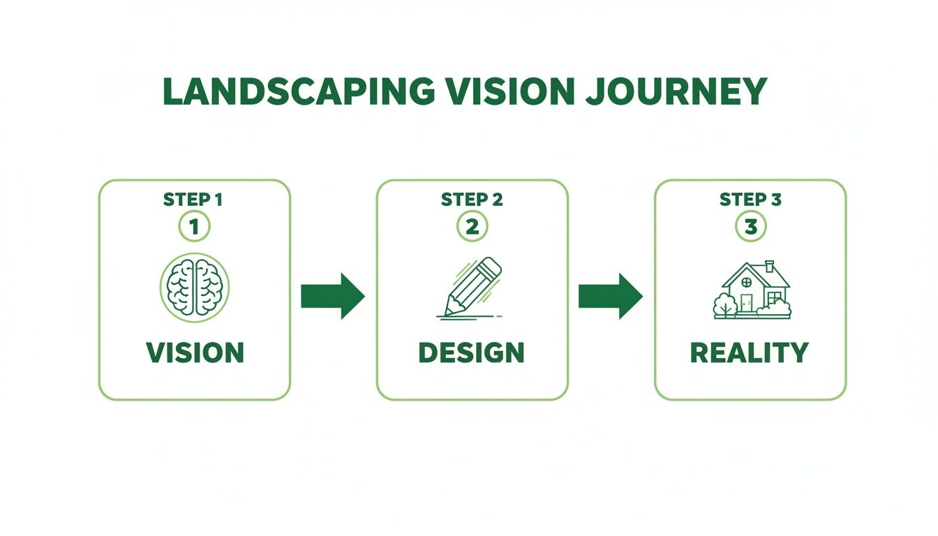 A landscaping vision journey showing three steps: Vision (brain), Design (pencil), and Reality (house).
