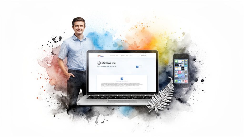 Smiling man with laptop showing a website, an iPhone, and a silver fern.