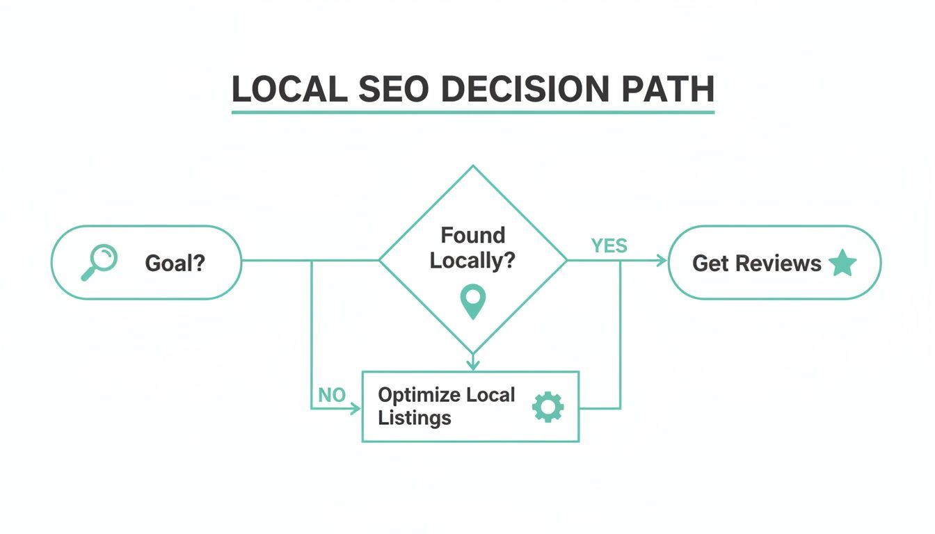 A flowchart outlining the local SEO decision path, guiding from setting goals to optimizing local listings and getting reviews.