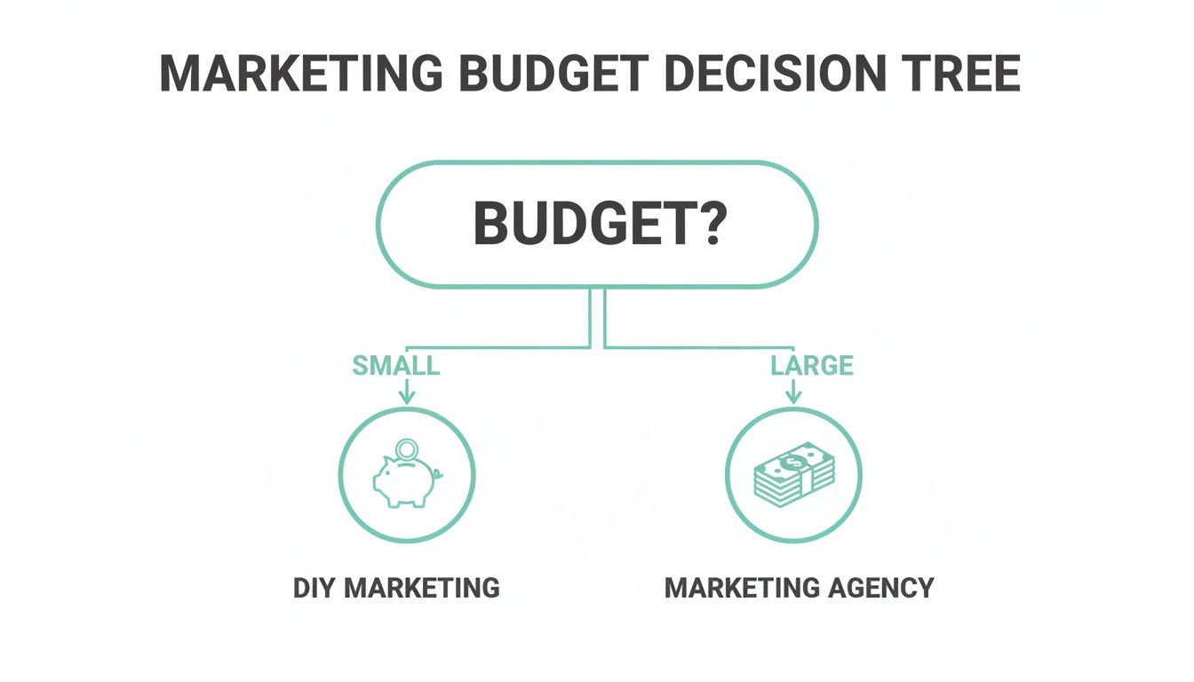 A marketing budget decision tree illustrating choices for small budgets (DIY marketing) versus large budgets (marketing agency).