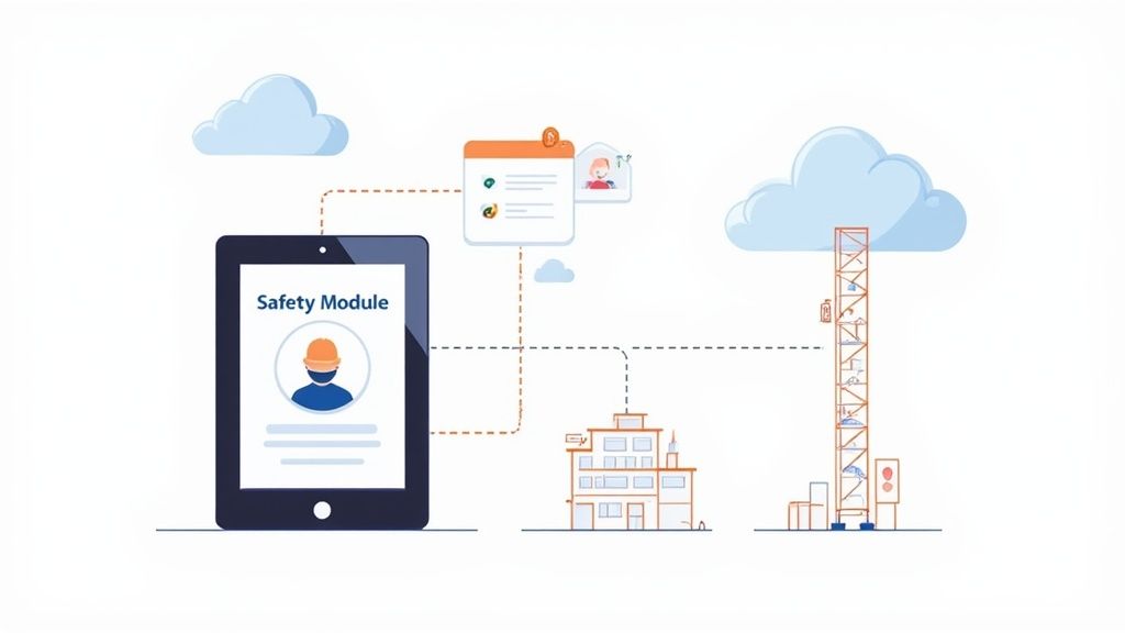 Digital safety module tablet connecting to construction site with cloud storage and worker profiles