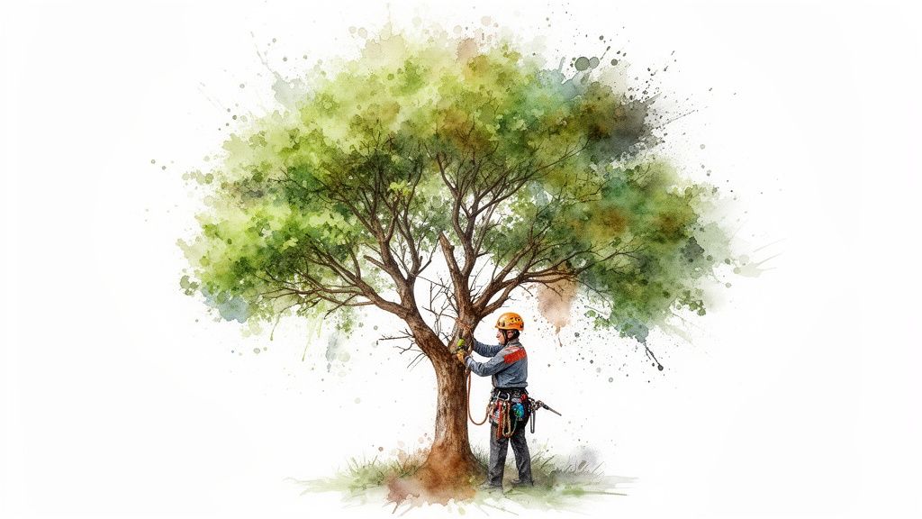 A watercolor illustration of an arborist pruning a tree, wearing a hard hat and safety harness.