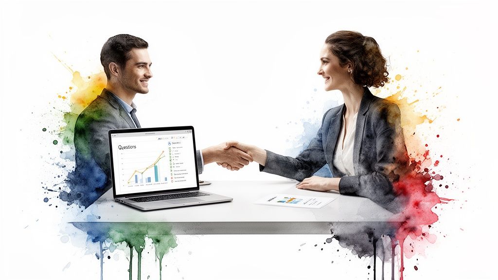 Two professionals shaking hands at a business meeting with a laptop showing data, surrounded by colorful watercolor splashes.