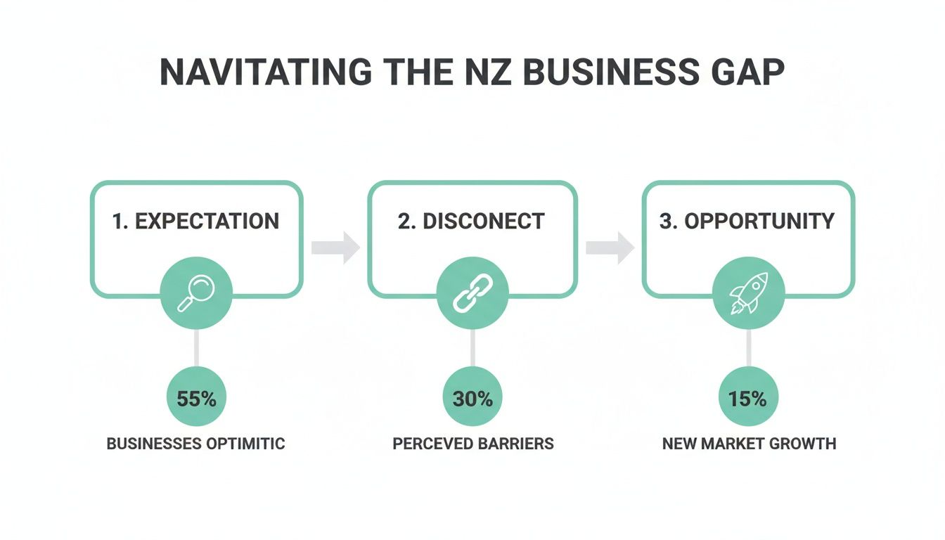 Infographic showing the NZ business gap: 55% expectation, 30% disconnect, and 15% new market growth opportunity.