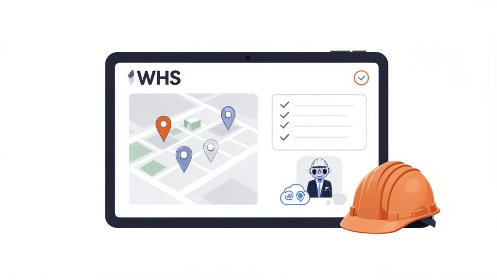 Tablet displaying a map with location pins, a checklist, and a construction worker avatar, next to an orange hard hat.