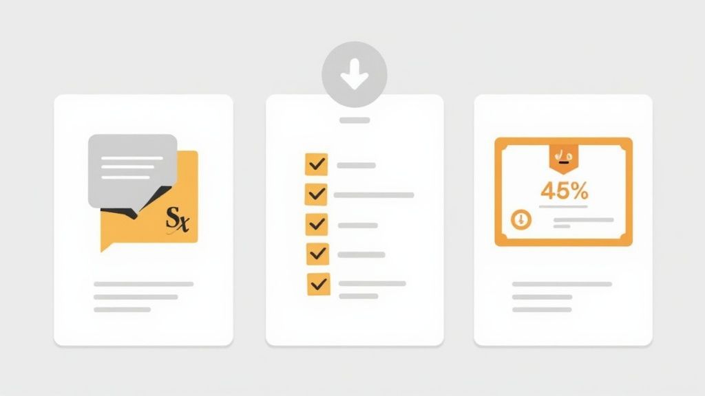 Three white cards depicting a process flow: a medical prescription, a checklist, and a 45% progress indicator.