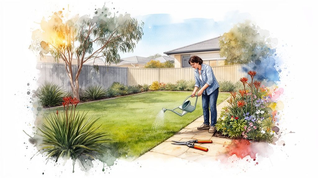 A woman waters a vibrant garden with a watering can, gardening shears lie on the ground.