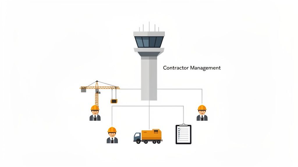 An illustration of an airport control tower overseeing various construction elements and workers, representing contractor management.