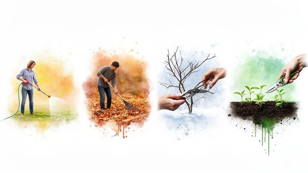 Four images depicting seasonal garden maintenance activities: watering, raking leaves, winter pruning, and spring planting.