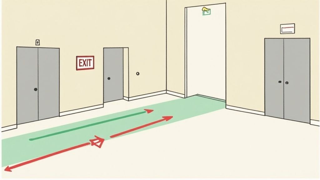 An industrial worker points to a fire evacuation plan on a factory wall.