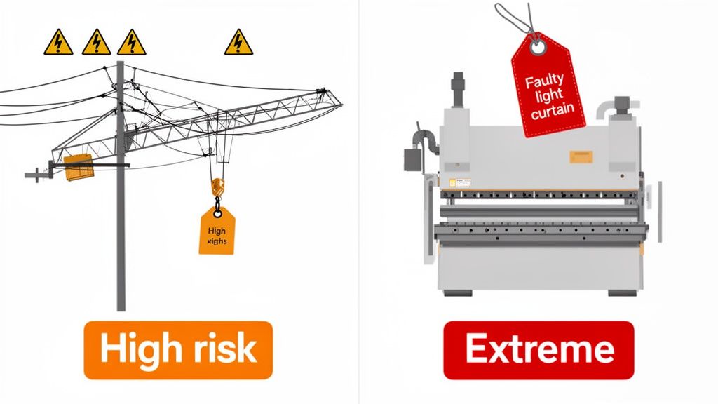 Illustration showing different risk levels: a crane near power lines labeled 'High risk' and a faulty press brake machine labeled 'Extreme'.