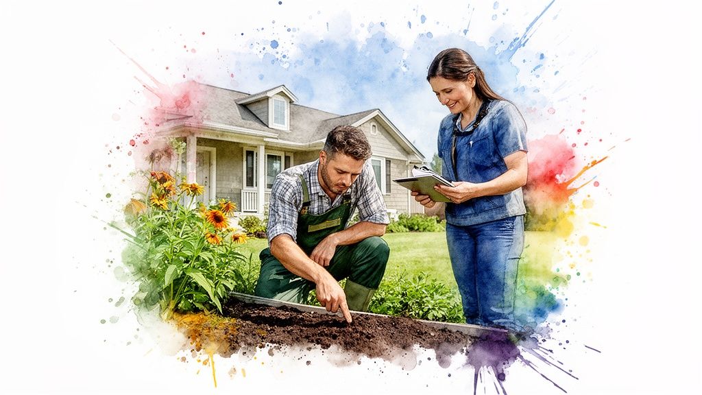 A male gardener points at soil in a garden bed, with a female consultant holding a clipboard.