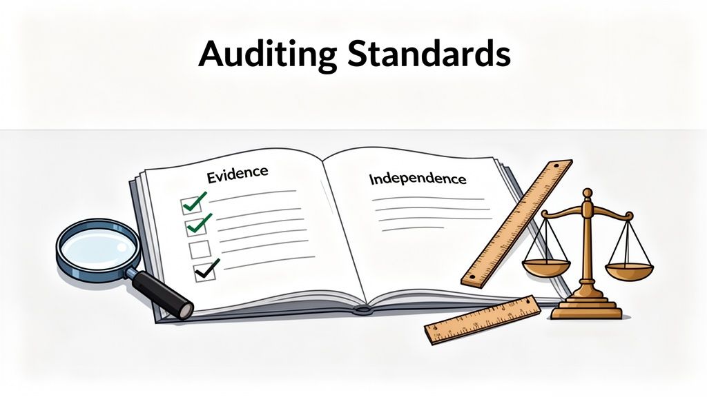 Auditing Standards illustration: open book with 'Evidence' and 'Independence', magnifying glass, rulers, and scales of justice.