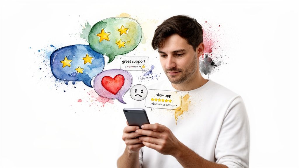A man uses a smartphone with watercolor speech bubbles showing positive and negative app reviews.