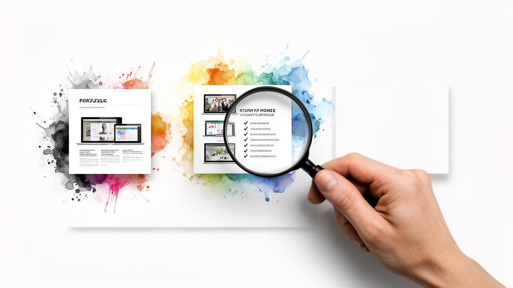A hand holding a magnifying glass over UI/UX design documents with vibrant watercolor splashes.