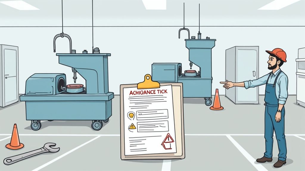 A factory worker in a high-visibility vest inspects industrial machinery.