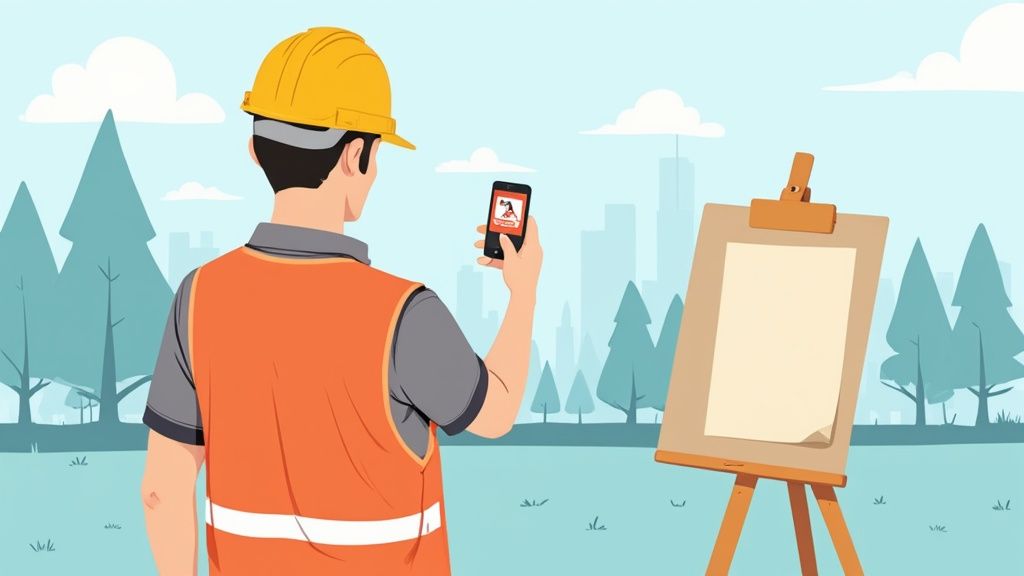 A construction worker using a tablet on a job site, illustrating the use of a workplace safety app.