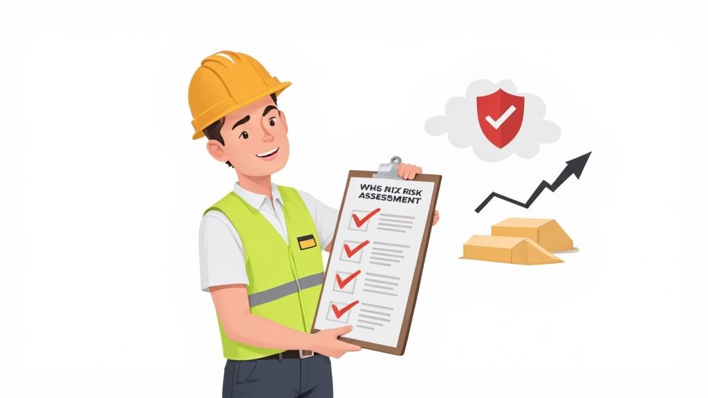 A construction worker in high-visibility clothing reviewing plans on a worksite.