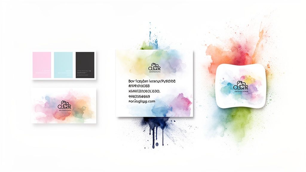 Brand identity concept with logo, color palette, and business cards featuring watercolor splashes.