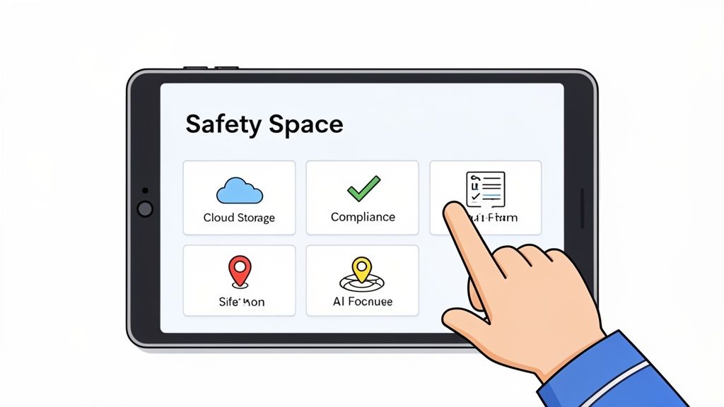 A hand interacts with a 'Safety Space' app on a tablet, displaying safety management options.