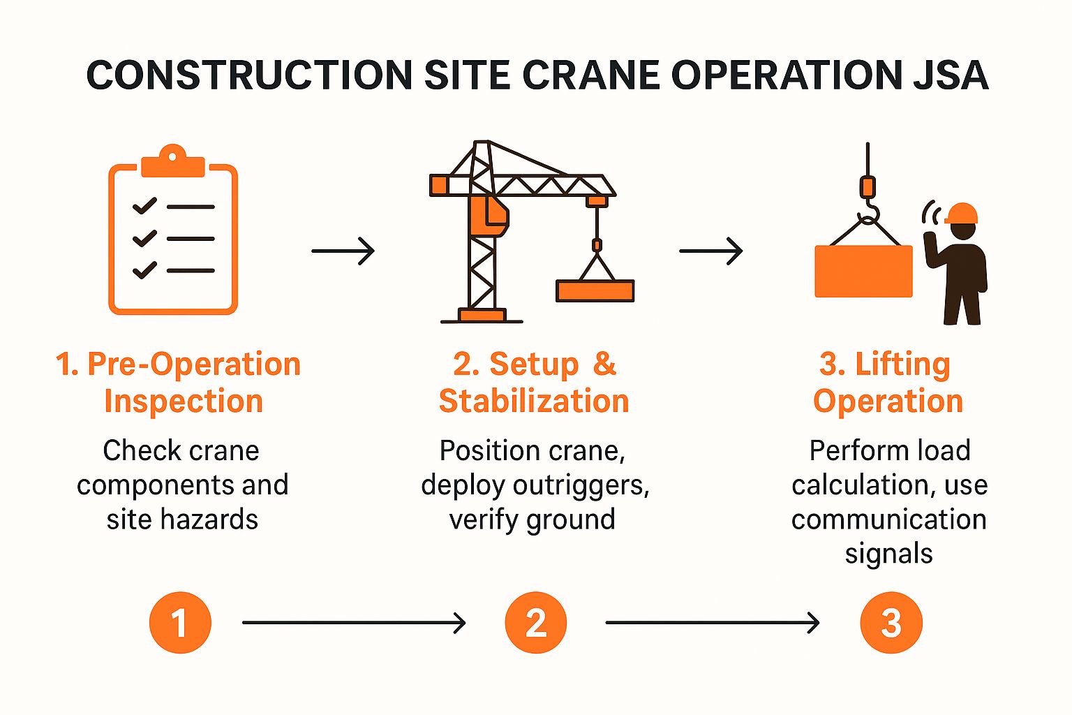 Infographic showing the three-phase process flow for a Construction Site Crane Operation JSA: Pre-Operation Inspection, Setup & Stabilization, and Lifting Operation.