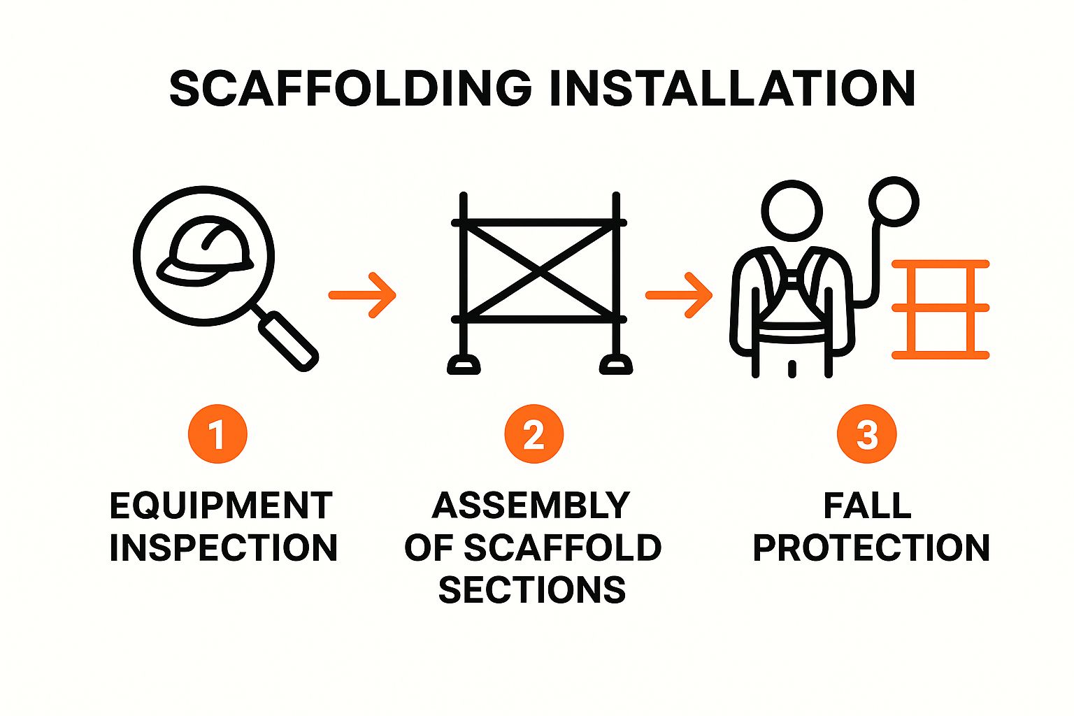 Infographic showing key steps of a scaffolding installation JSA: 1. Equipment Inspection, 2. Assembly of scaffold sections, 3. Fall Protection setup.