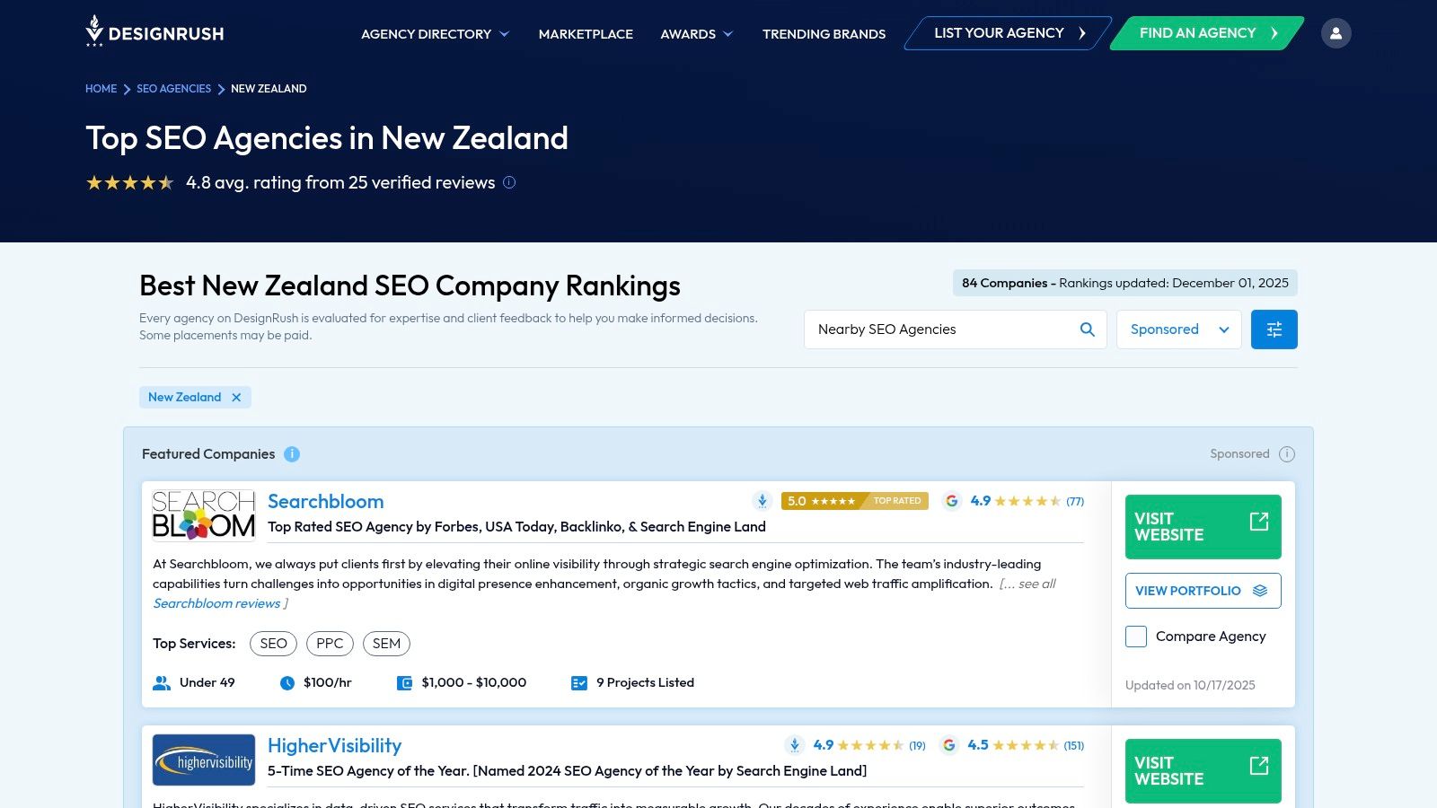 DesignRush website showing the NZ filter for SEO agencies.