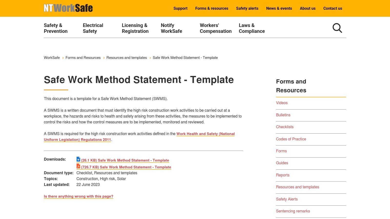 NT WorkSafe - SWMS Template
