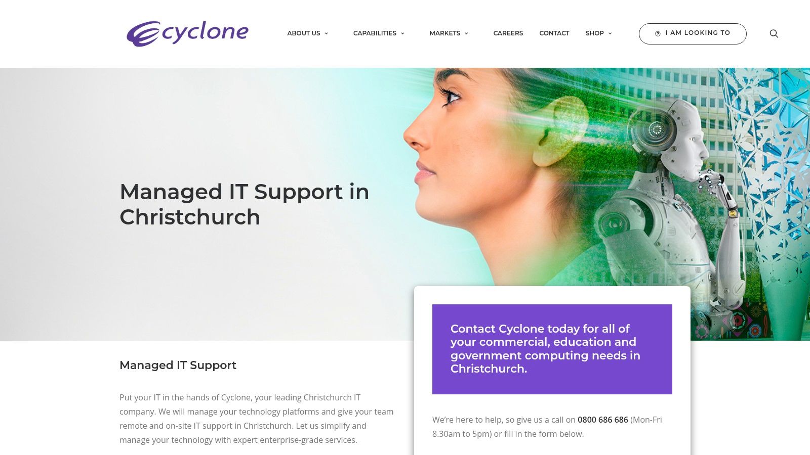 A screenshot of Cyclone's IT Support Christchurch page, highlighting their services for businesses in the region.
