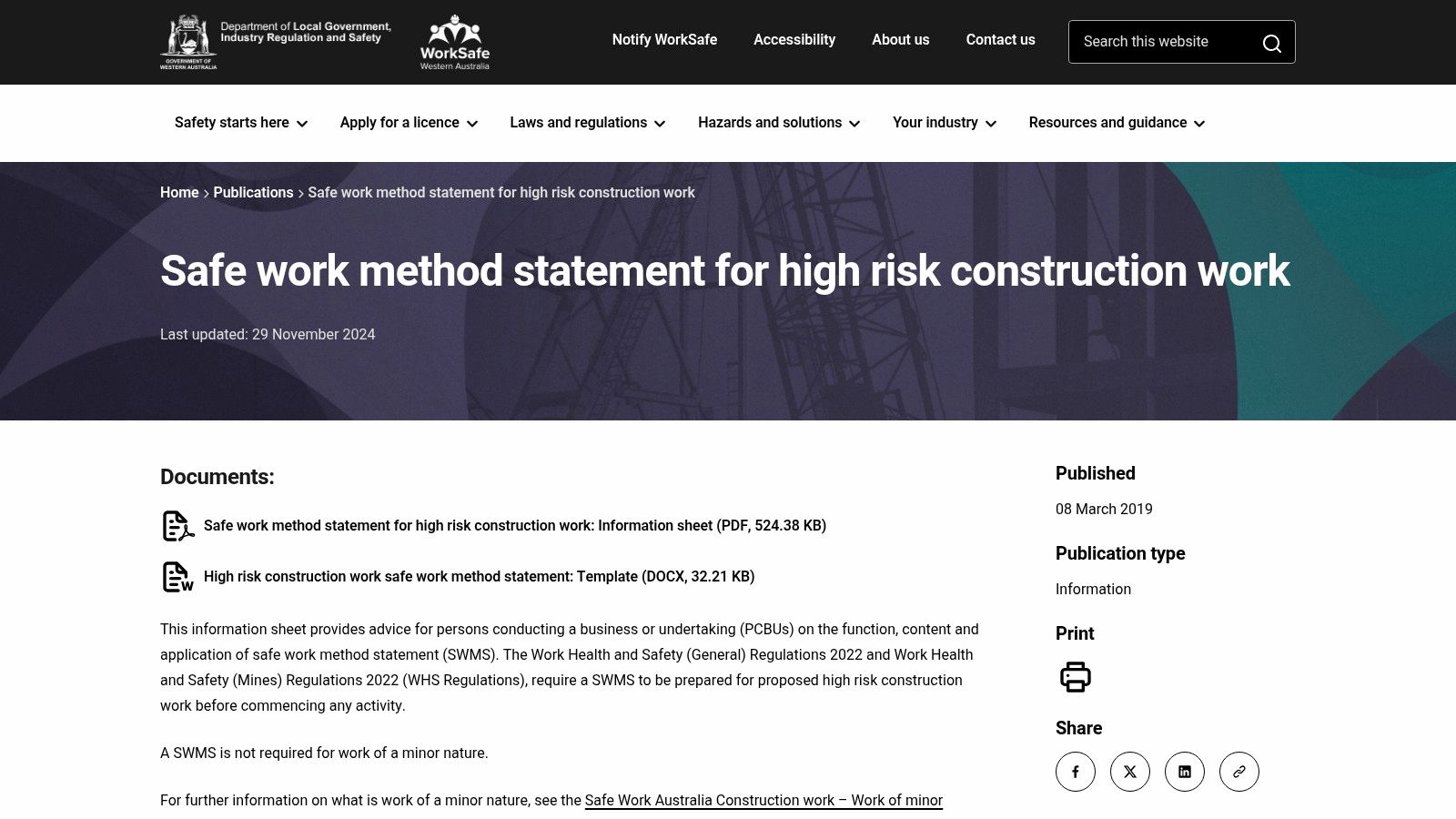 WorkSafe WA - SWMS Template and information sheet