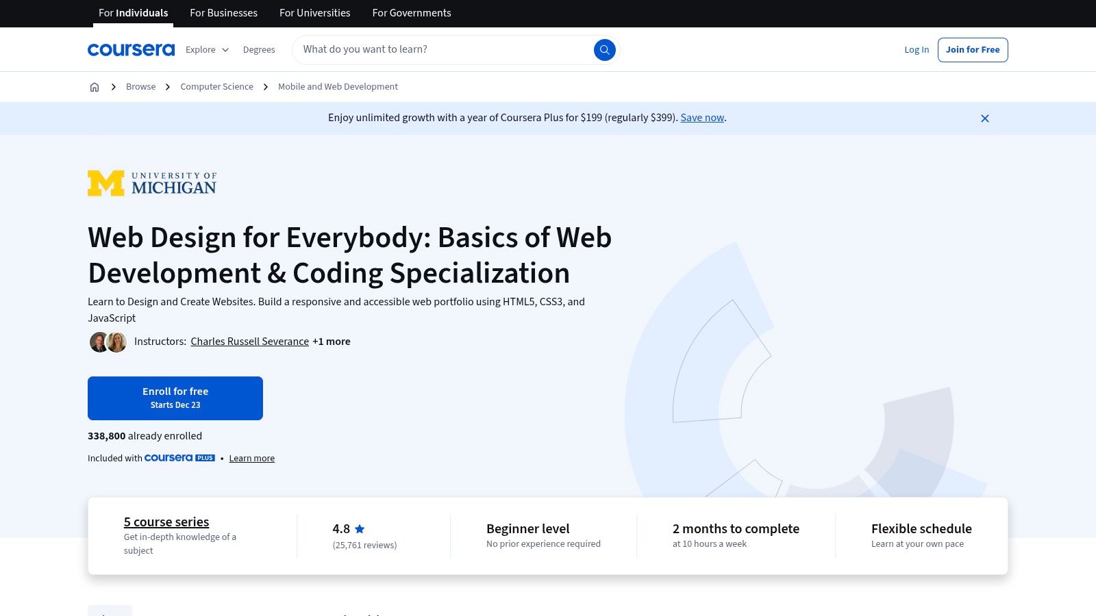 A screenshot of the Coursera course page for 'Web Design for Everybody', showing the course title and university branding.