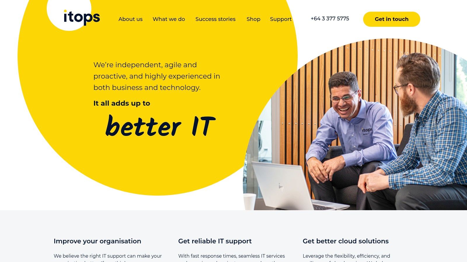 A screenshot of the iTops website homepage, showing their core service offerings and a clean, professional design.