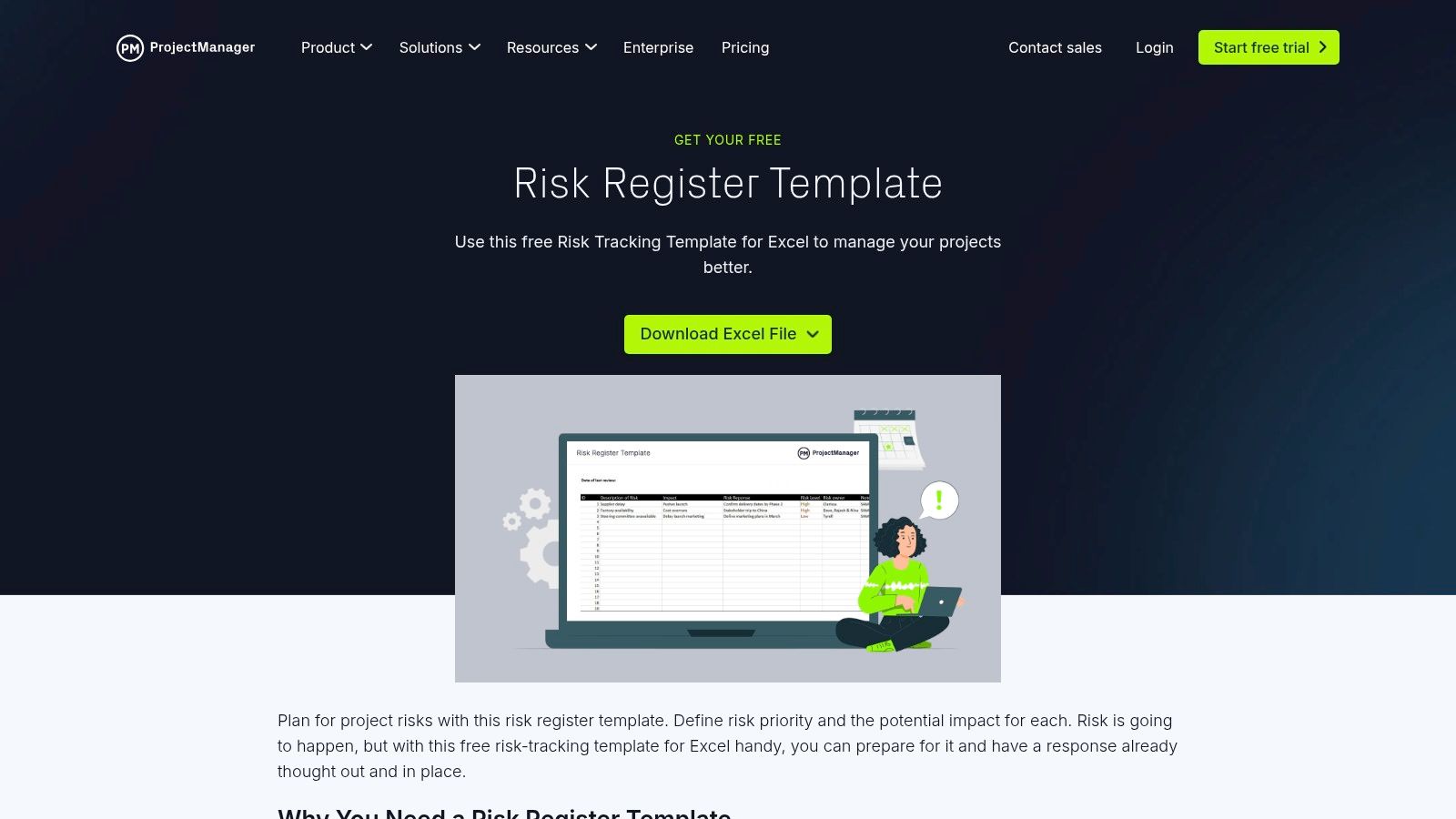 ProjectManager's risk register template displayed on a laptop screen.