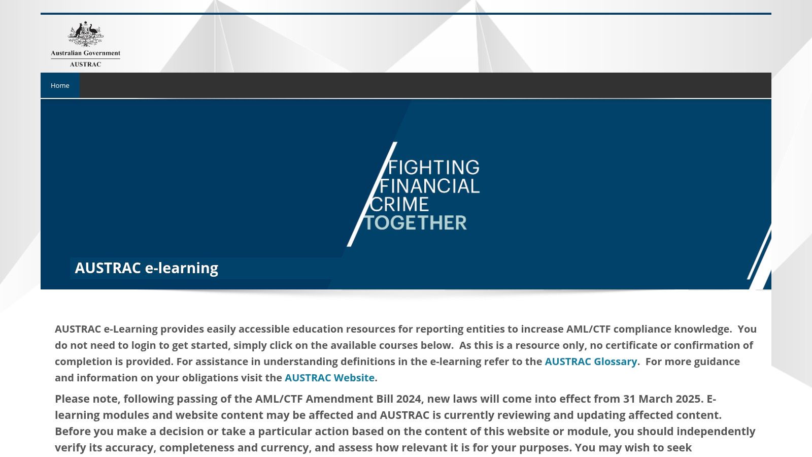AUSTRAC e‑Learning (Government of Australia)