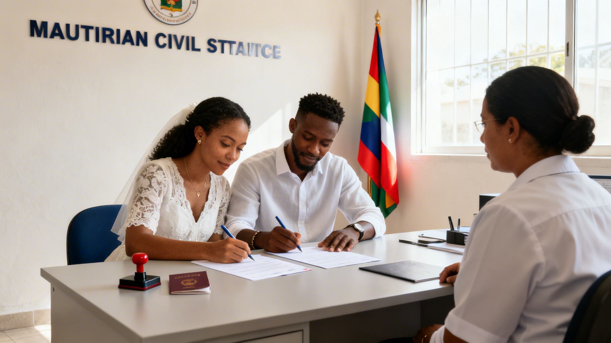 A newlywed couple signs civil marriage documents at a Mauritian office with a registrar.